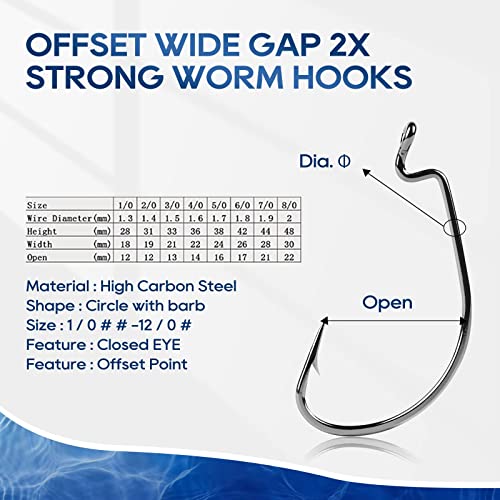 UCEC Fishing Hooks Offset Shank Worm Hooks Extra Wide Gap 2X Strong Carbon Steel Bait Jig for Bass Fishing Trout Catfish Saltwater Freshwater 1/0 2/0 3/0 4/0 5/0 30pcs/Box - size: 5/0 30pcs
