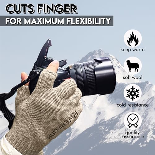 Riverruns Wool Fishing Gloves - Winter Fingerless Knitted Gloves for Men and Women 3-Cut Fingers Warm Gloves for Cold Weather, Fly Fishing, Ice Fishing, Kayaking - color: Coffee