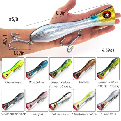 Dr.Fish Popper Saltwater Fishing Lures, 8 Inches GT Popper VMC Treble Hooks Surf Fishing Lures for Striper Tuna Barracuda Mackerel Snapper Bluefish Pencil Plugs Offshore - color: Green Yellow(Black Stripes, 8", 1 Pack)
