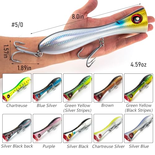 Dr.Fish Popper Saltwater Fishing Lures, 8 Inches GT Popper VMC Treble Hooks Surf Fishing Lures for Striper Tuna Barracuda Mackerel Snapper Bluefish Pencil Plugs Offshore - color: Blue Amberjack(8")-1 Pack