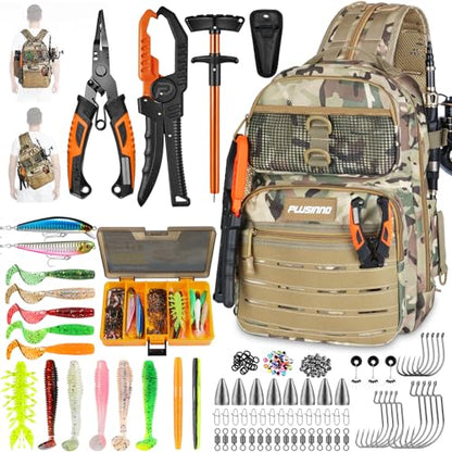 PLUSINNO Fishing Gear Fishing Backpack with Tackle Box, Waterproof tackle Backpack with Rod Holders, Lures, Tools, Pliers & Accessories, Fish Gifts for Men - color: Khaki Fishing Backpack With Fishing Kit