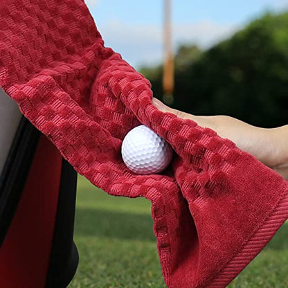 Cotton Golf Towel with Clip - Tri-fold Golf Towel for Men & Women, Checkered Pattern Design (Red) - color: Red