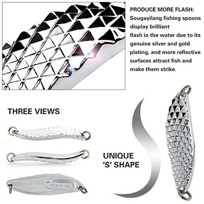 Sougayilang Fishing Spoons Hard Fishing Lures Treble Hooks Salmon Bass Metal Fishing Lure Baits 1/2 OZ - color: SILVER 5pcs