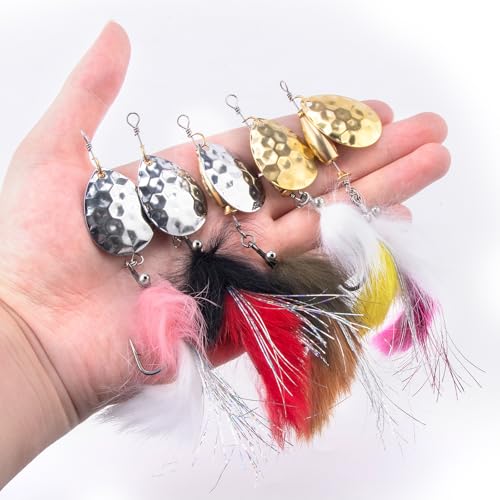 Dr.Fish 5 Pack Fishing Spinner, Bunny Streamer Fly Spinner Inline Spinnbait 7/16oz with Feathered Roostertail Single Hook for Bass Trout Salmon Fishing Lure Kit Freshwater & Saltwater