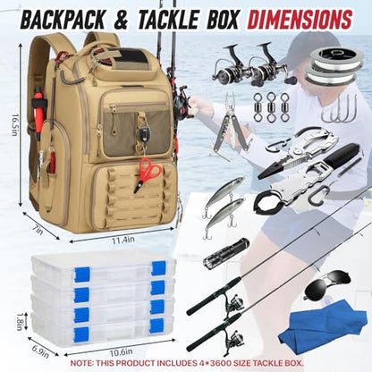 Fishing Tackle Backpack, 40L Tackle Bag with 2 Rod Holders & 4 Tackle Boxes,Water-Resistant Large Storage Fishing Gear and Equipment, Fisher Gifts for Men, Khaki - color: B-Khaki with 4 Tackle Boxes