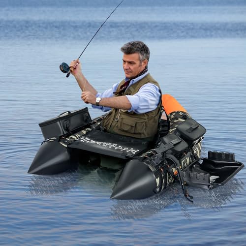 GYMAX Fishing Float Tube, Inflatable Belly Boat with Fish Finder Holder, Rod Rack, Fish Ruler, Manual Pump & Detachable Storage Boxes, Portable Backpack Float Tubes for Adults - color: Camouflage