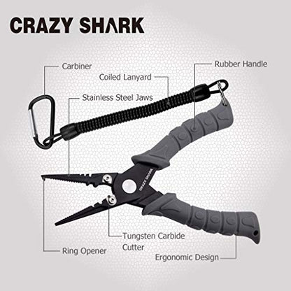 Fishing Pliers, Stainless Steel Fishing Tools, Saltwater Resistant Fishing Gear, Tungsten Carbide Cutters, Split Ring Pliers, Hook Remover with Coiled Lanyard and Sheath - color: Grey - 6" Split Ring Nose