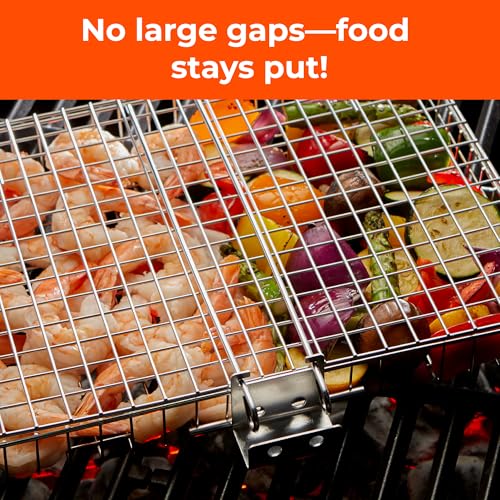 Stainless Steel Large Grill Basket with Removable Handle – 12.25 x 9.5 x 1.5 Inch BBQ Vegetable Basket with Easy Open Lid, Silicone Basting Brush & Scrub Sponge – Outdoor Cooking & Camping Accessory - size: w/ Accessories