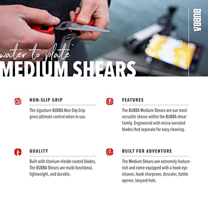 BUBBA Medium Shears Fishing Multi Tool - With Micro-Serrated Blades, Hook Eye Cleaner, Hook Sharpener, & Descaler - size: Medium