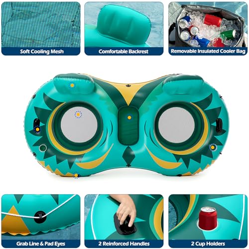 Jasonwell Inflatable River Tube Float - 2 Person Heavy Duty River Float Pool Floats with Removable Cooler Lake Water Tubes for Floating River Raft Lounge Floatie with 2 Cup Holders for Adults (Green) - style: Owl-Green
