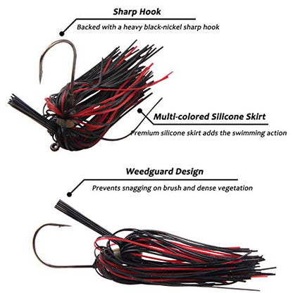 Bass Football Jigs Set-6pcs Weedless Jig Swim Jigs for Bass Fishing Jig Head Silicone Skirts Weedguard System Fishing Lure Kit 1/4oz,3/8oz - size: 6packs-1/4oz
