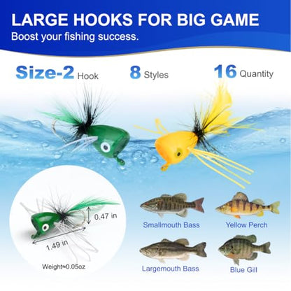 16 Pcs Topwater Fishing Lures Fly Fishing Poppers, 8 Color Popper Lures for Bass Bluegill Crappie Trout Salmon Panfish Perch, Topwater Lures Kit