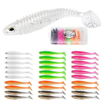 30pcs Soft Plastic Swimbaits with Paddle Tail, T-Tail Fishing Lures for Vertical Jigging and Casting, Freshwater Swimbaits for Bass, Trout, Walleye & Crappie - color: Dual Ribbed, 3''