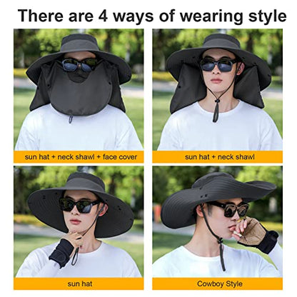 Women Wide Brim Face Mask Sun Hat Detachable Neck Face Flap Ponytail UV Protection Visor Hat Garden Fishing Hiking - color: Hyp008-black