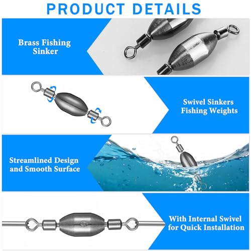 Seenelling 20 Pcs Brass Fishing Sinker Swivel Fishing Weights Saltwater Bullet Sinkers Drop Shot Weight Egg Sinkers with Swivel Rolling Removable Freshwater - size: 1/8 oz