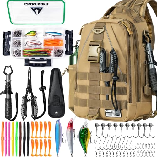 Ghosthorn Fishing Backpack with Tackle Boxes Fish Lip Gripper Pliers Lures Waterproof Tackle Bag with Rod Holder Fishing Gear - color: Khaki Set, size: Standard