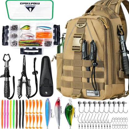 Ghosthorn Fishing Backpack with Tackle Boxes Fish Lip Gripper Pliers Lures Waterproof Tackle Bag with Rod Holder Fishing Gear - color: Khaki Set, size: Standard