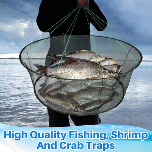 Lasnten 2 Set Portable Foldable Fishing Net Set, 2 Open Mouth Nets, 4 Bait Cages, Durable Crab Net Fish Nylon Net, Good for Freshwater & Saltwater Fishing, Includes Drawstring Bags and Safety Ropes