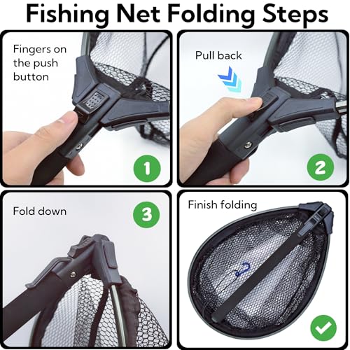 Floating Fishing Net, Rubber Coated Landing Net Ideal for Kayak & Wading Fishing, Easy Catch & Release, Compact & Foldable for Easy Transportation & Storage