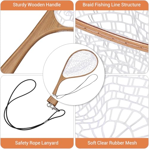 Portable Wooden Fly Fishing Net with Soft Silicone Mesh - Ideal for Trout & Bass Catch and Release - Essential Freshwater & Saltwater Gear for Anglers White Curved Handle Large - color: White Curved Handle