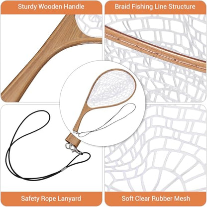 Portable Wooden Fly Fishing Net with Soft Silicone Mesh - Ideal for Trout & Bass Catch and Release - Essential Freshwater & Saltwater Gear for Anglers White Curved Handle Large - color: White Curved Handle