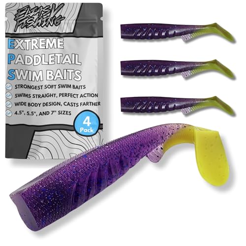 Extreme Paddle Tail Swim Baits - Soft Plastic Swimbaits, Premium Paddle Tail Swimbaits for Bass Fishing, Great Action Lifelike Saltwater Soft Swimbait Shad Lure - color: Purple Chartreuse Tail, size: 4.5"