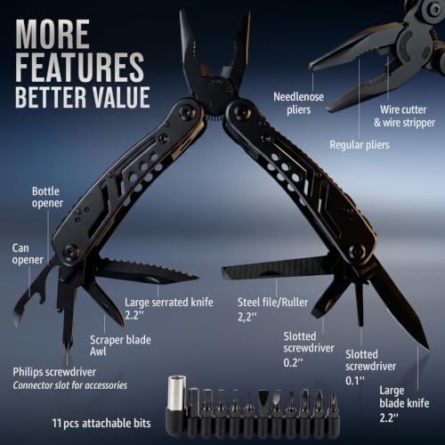 24-in-1 Multitool with Knife, Pliers & 11 Magnetic Bits - Black Stainless Steel Multi Tool for Camping, Hiking, EDC - Gift for Men 2238B - color: 2. Black