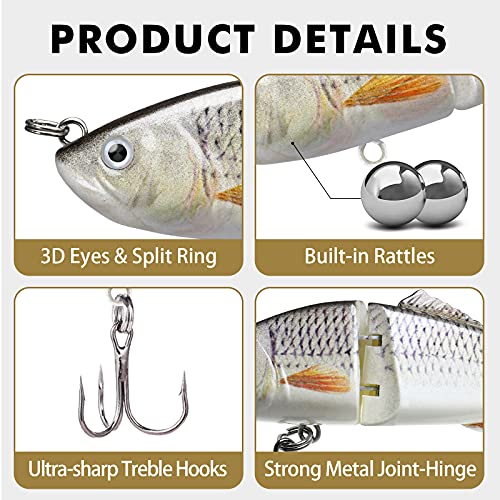 GOTOUR Jointed Swimbaits, Easy Catch Fishing Lures for Bass Trout Crappie | Wiggling Vibrating Rattling Gurgling for More Bites, Heavy-Duty Dyneema Fiber, Slow Sinking, Fresh & Saltwater Fishing Baits - color: C2-3.2"-0.25oz