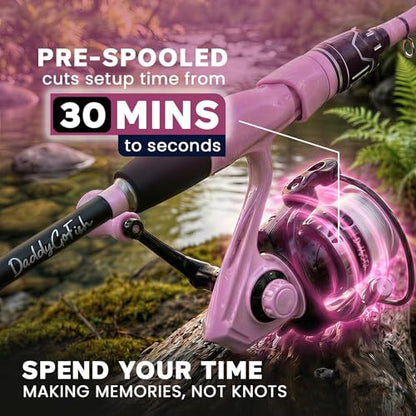 DaddyGoFish Spinning Fishing Rod and Reel Combo Set with Tackle Box | Kids Fishing Pole | Carbon Fiber Telescopic Fishing Rod Kit | Spinning Reel for Travel Saltwater Freshwater Fishing Gear Kit - color: Pink