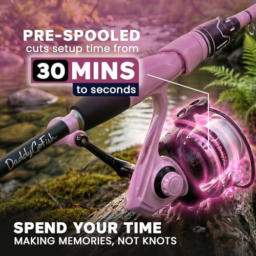 DaddyGoFish Spinning Fishing Rod and Reel Combo Set with Tackle Box | Kids Fishing Pole | Carbon Fiber Telescopic Fishing Rod Kit | Spinning Reel for Travel Saltwater Freshwater Fishing Gear Kit - color: Pink