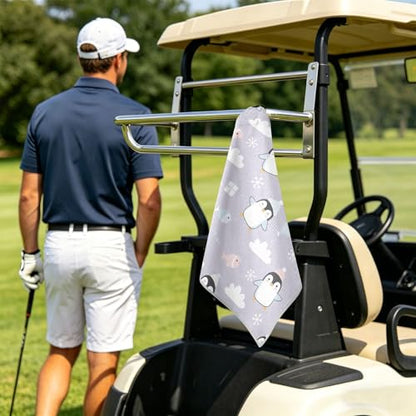 Christmas Penguins Fish Purple Print Magnetic Golf Towel for Golf Bags Microfiber Golf Accessories for Women Men with Carabiner Clip Attaches to Clubs and Carts, 17.7"x17.7"