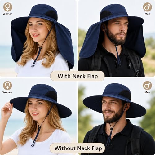 HUAMULAN Women Large Brim Sun Hat with Neck Flap, Men Quick Dry Hiking Fishing Safari Hat UPF 50+ - color: Navy Solid