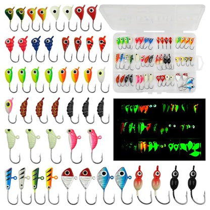 Ice Fishing Jig Kits,Luminous Ice Fishing Lures Micro Jig Head Hooks Fish Gear Tackle Accessories Winter Fishing Jigging for Crappie Pike Panfish Walleye Perch Bluegill - color: Colorful - 48pcs