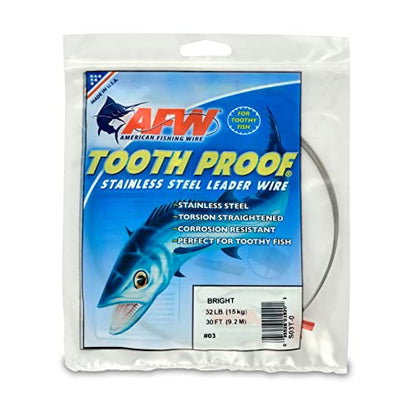 AFW Tooth Proof Stainless Steel Single Strand Hard Leader Wire - Bright and Camo for Shark, Barracuda, King Mackerel, Wahoo, Snook Bite Protection for Toothy Critters, Rigging Baits and Lures - color: Bright, style: #3, 32 Lb Test, 30 Ft