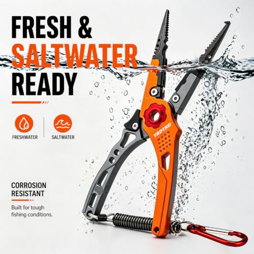 LureLite Pro Aluminum Fishing Pliers-Saltwater-Suitable Split Ring Tools with Fish Hook Remover- Fly Fishing Pliers with Braid Cutters, Sheath & Lanyard-Ideal Gifts for Men in Fishing