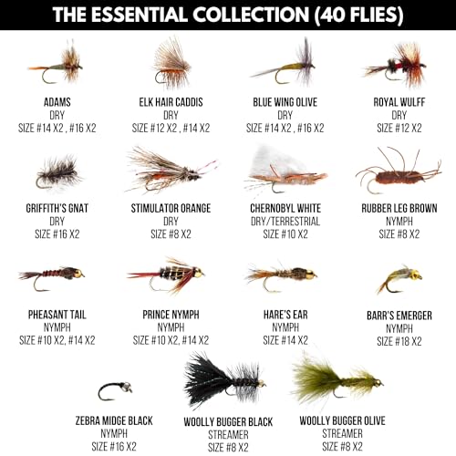 Ventures Fly Co. | 40 Premium Hand Tied Fly Fishing Flies Assortment | Fly Box Included | Dry, Wet, Nymphs, Streamers, Wooly Buggers, Terrestrials | Trout, Bass Lure Set, Kit