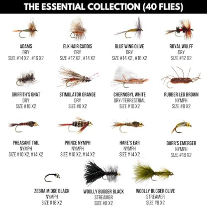 Ventures Fly Co. | 40 Premium Hand Tied Fly Fishing Flies Assortment | Fly Box Included | Dry, Wet, Nymphs, Streamers, Wooly Buggers, Terrestrials | Trout, Bass Lure Set, Kit