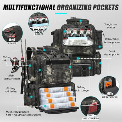Tactical Fishing Tackle Backpack with Tackle Boxes, Rod Holders, Bottle Holder, 50 L Large Insulated Fishing Backpack Tackle Box with Cooler, Fishing Bag Store Gear & Equipment, Black CM - color: Black CM