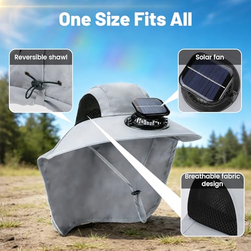Solar Fan Hat Wide Fishing Hat Breathable Neck Flap Bucket Hats Outdoor Sun Hats for Men Women with USB Charging - color: Light Gray