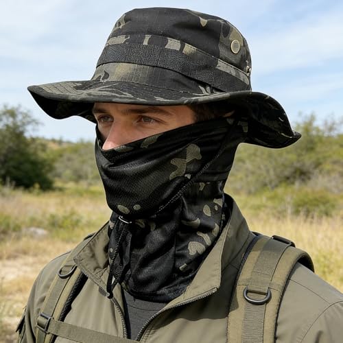 Men Camo Sun Hat Neck Mask Balaclava Set Sun Protection Boonie Fishing Hat Hiking Cycling Outdoor Sport Windproof