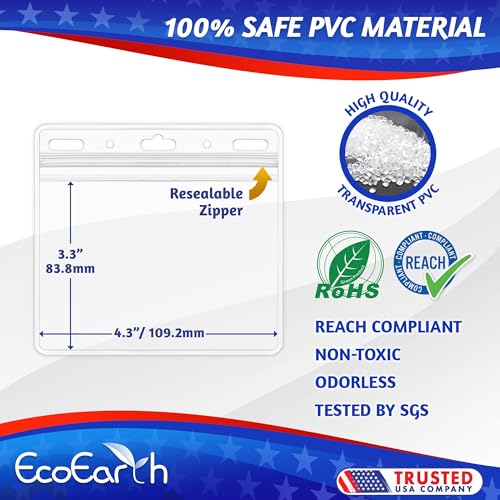 EcoEarth - Horizontal PVC Card Protector with Metal Clips and Vinyl Straps with Soft Edge - Sealable Fits 4x3 inch Inserts - Clear, 100 Pack - Waterproof ID Holder Bulk - ID Card Holder - size: 100 pack