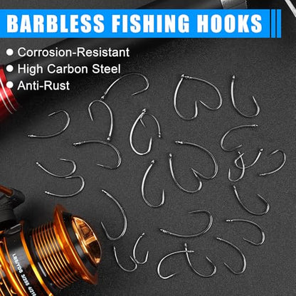 175pcs Barbless Fishing Hook Kits,Small Size Carp Fishing Hooks Curve Shank Crank and Wide Gape Fly Tying Hooks Circle Hook with Tackle Box Size 2#,4#,6#,8#,10#