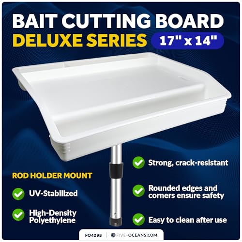 Five Oceans Boat Cutting Board, 17"x14"- Deluxe Bait Cutting Table with Rod Holder Mount, Knife & Pliers Holder, 3 Deep Trays & Draining Hole - 1-Year Warranty - FO4298 - color: Deluxe Bait Cutting Board (Rod Holder Mount)