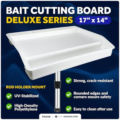 Five Oceans Boat Cutting Board, 17"x14"- Deluxe Bait Cutting Table with Rod Holder Mount, Knife & Pliers Holder, 3 Deep Trays & Draining Hole - 1-Year Warranty - FO4298 - color: Deluxe Bait Cutting Board (Rod Holder Mount)