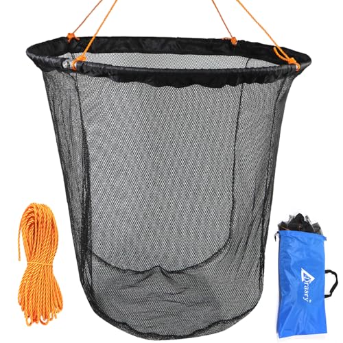 Drasry Foldable Bridge and Pier Fishing Landing Net - High Load-Bearing Aluminum Ring Drop Net for Saltwater Freshwater - Collapsible Basket With 49.2 FT Rope - color: black, size: 23.6*23.6*27.5 IN / 60*60*70cm, style: Small Size Mesh