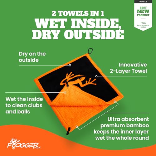 Frogger Amphibian 2-in-1 Golf Towel with Wet and Dry Technology, Green, Premium Golf Bag Accessory with Carabiner Clip, Ultra Absorbent, for Golf Dads - color: Green