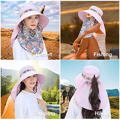 Women Wide Brim Face Mask Sun Hat Detachable Neck Face Flap Ponytail UV Protection Visor Hat Garden Fishing Hiking - color: M9099-xueyafen