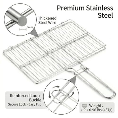 Stainless Steel Fish Grill Basket for Outdoor BBQ, Heavy Duty Lockable Grilling Rack for Fish Vegetables Steak Veggies Shrimp Meat, Portable Campfire Cooking Mesh Grate Tool, 12 x 8 Inch
