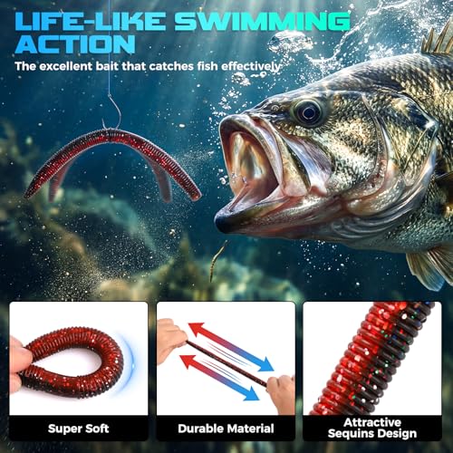 TOPFORT Fishing Lures, Bass Fishing Kit with Wacky Worm, Fishing Worms for Bass Fishing, Soft Plastic Baits with Hooks, Weights, Fishing Accessories, Fishing Gear Fishing Gifts for Men with Tackle Box