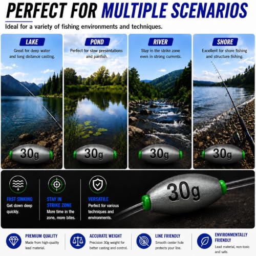 Egg Sinkers Fishing Weights, Oval Slip Sinkers Bullet Lead Fishing Weights for Freshwater Saltwater Tackle Set 1/8oz to 1oz - size: 1oz-30g-10pcs